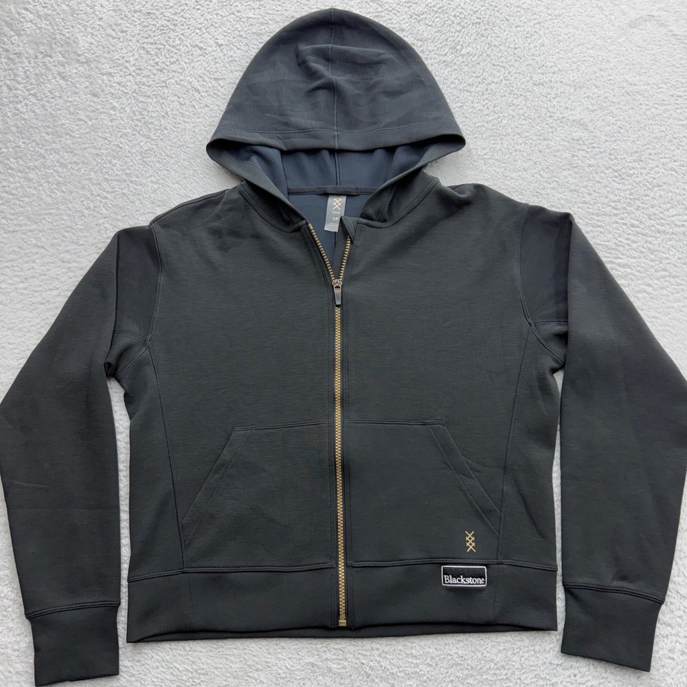 Rhone Blackstone Full Zip Hoodie Black Gold Zip Thumbholes Womens Small